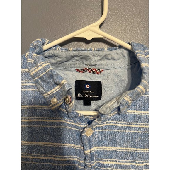 Ben Sherman Men’s Blue Striped Linen Rayon Short Sleeve‎ Button Up Shirt Size LG - Picture 3 of 9